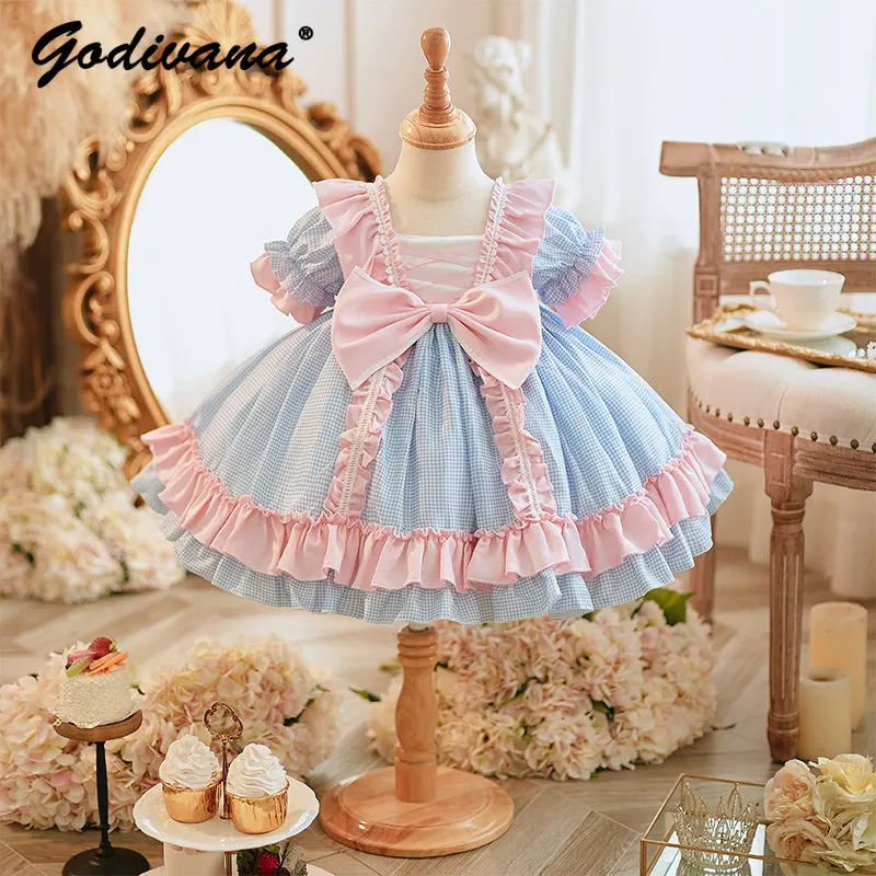 

Girls Summer New Sweet Lolita Princess Dress Kids High-end Puffy Sleeve Blue Plaid Pink Bow Ruffle Trim Birthday Party Ball Gown