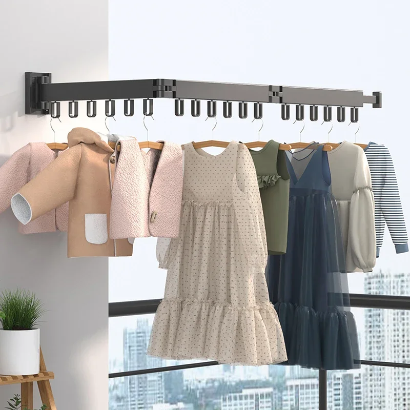 Balcony Drying Rack Invisible Telescopic Folding Wall Mounted Clothes Hanger Single Rod Indoor Room Hanging Organizer F20