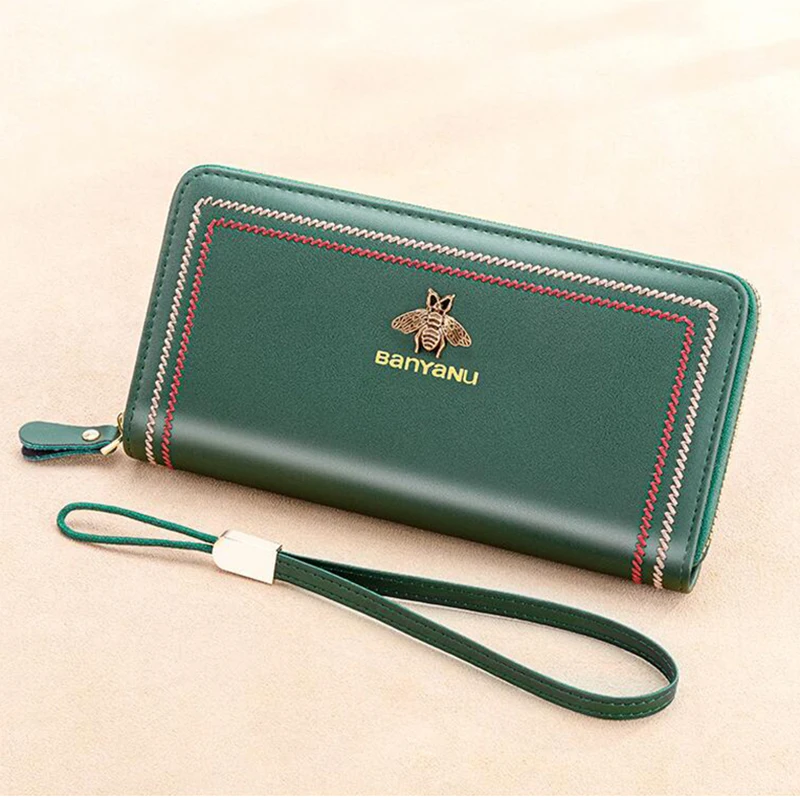 Busniess Women Zipper Wallet Travel Large Capacity Cowhide Genuine Leather Long Cellphone Purse for Women Green Black Color