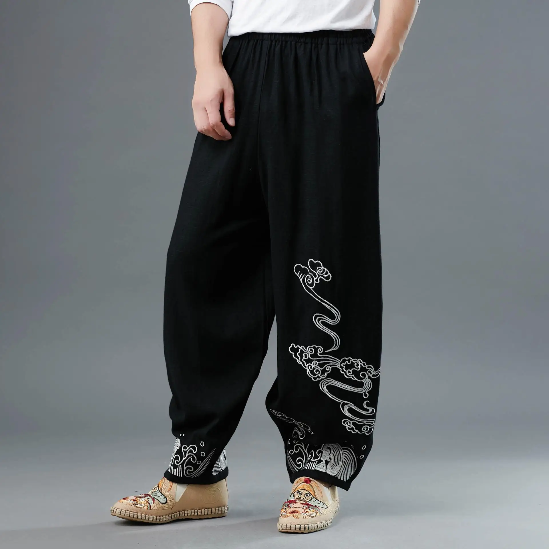 

Cloud Ethnic Men's Pants Straight Leg Coarse Linen Casual Trousers Printed Cotton Youth Faion Spring Season