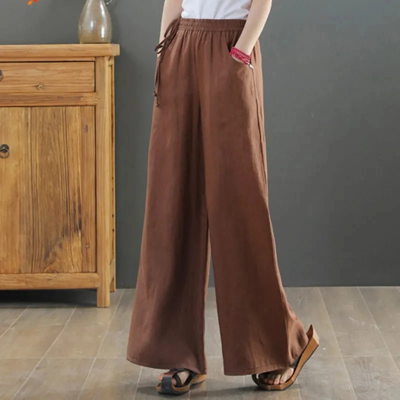 2024 Cotton Linen Wide Leg Pants 4xl Big Size Trousers Women Summer Elastic Waist Casual Ankle-length Pantalones Baggy Sweatpant