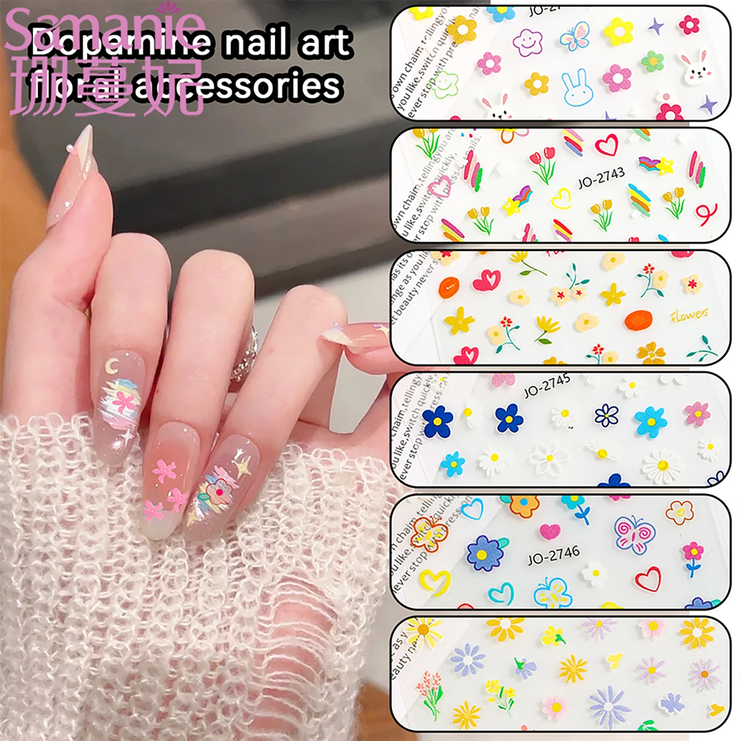 SANANIE 6Pcs Cute Multicolor Flower Nail Art Stickers Trendy Daisy Rabbit Rainbow Heart Adhesive Decals DIY Manicure Accessories