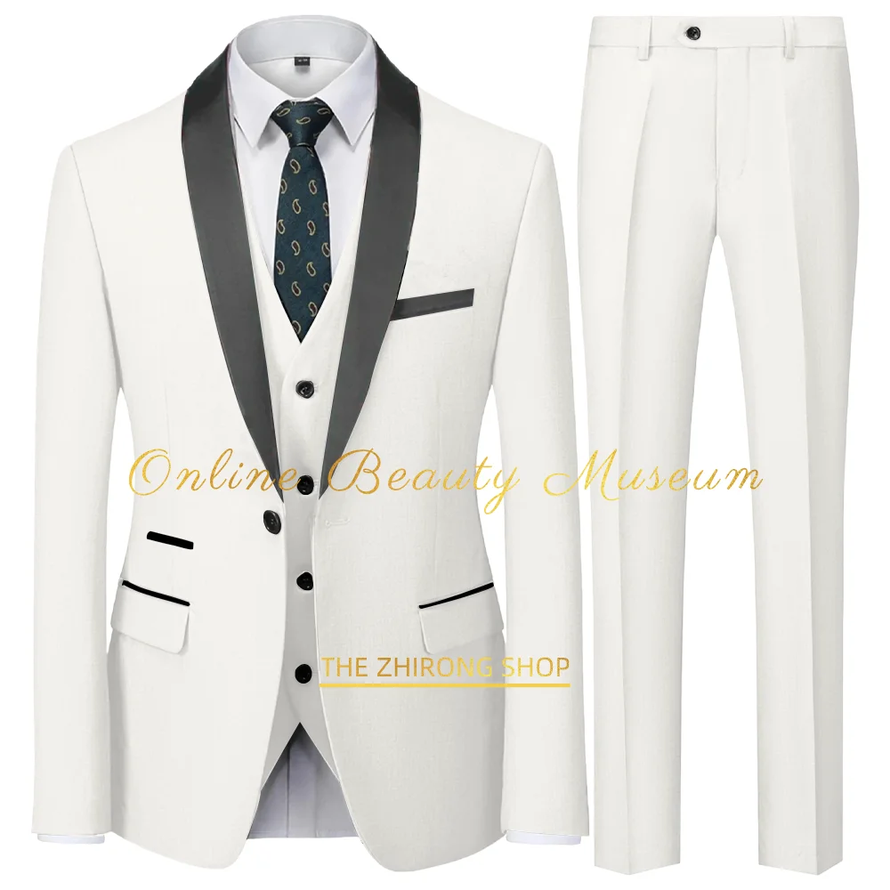 

Men's ivory white wedding 3-piece suit, single-breasted jacket + vest + trousers, fashionable, elegant, simple and slim fit