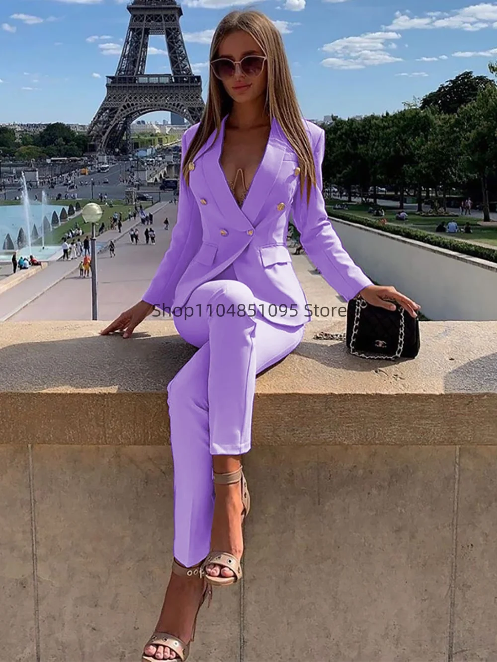 

Elegant Women's Western-Style Beige 2PCS Pant Suit Smooth Silhouette Casual Commuting Set New