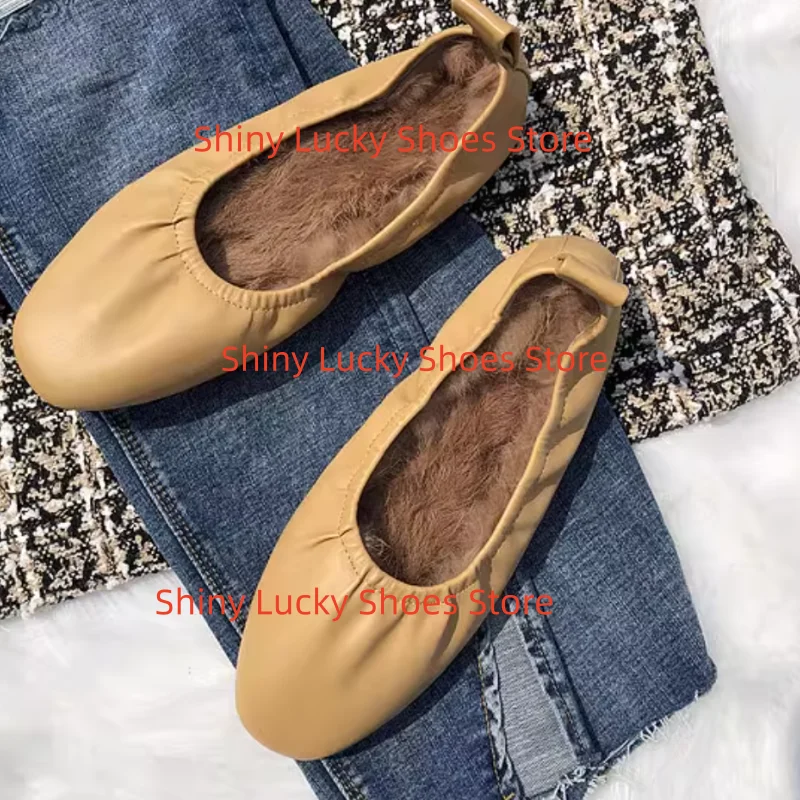 أحذية فرو المنك للنساء أصابع مربعة كعب مسطح مطوي Chassure فام الضحلة الإناث الباليه خطوط الخياطة السيدات بولي Leather الجلود