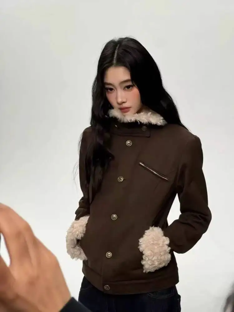 

Women Wool Blend Coat 2025 Autumn Winter Women's Vintage Faux Fur Collar Jacket Slim Fit Waist Cinched Thick Padded Brown Coat