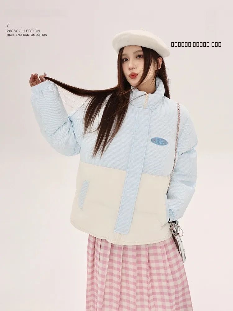 

Blue Color Block Collar Thickened Cotton Jacket Women's Slim Fit Short Outerwear Yang Pao Pao Korean Style Commute Wear