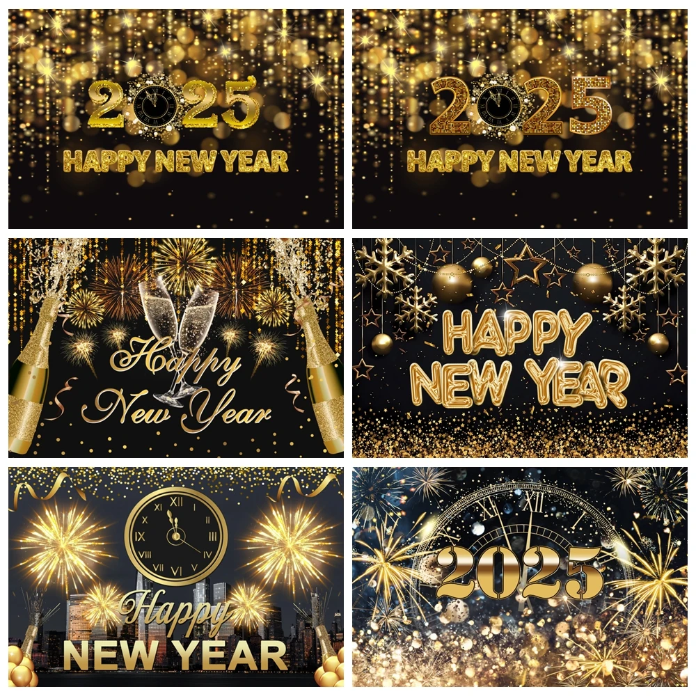 

2025 Happy New Year Theme Party Background Fireworks Clock Golden Balloon Family Party Celebrate Poster Banner Decor Photo Props