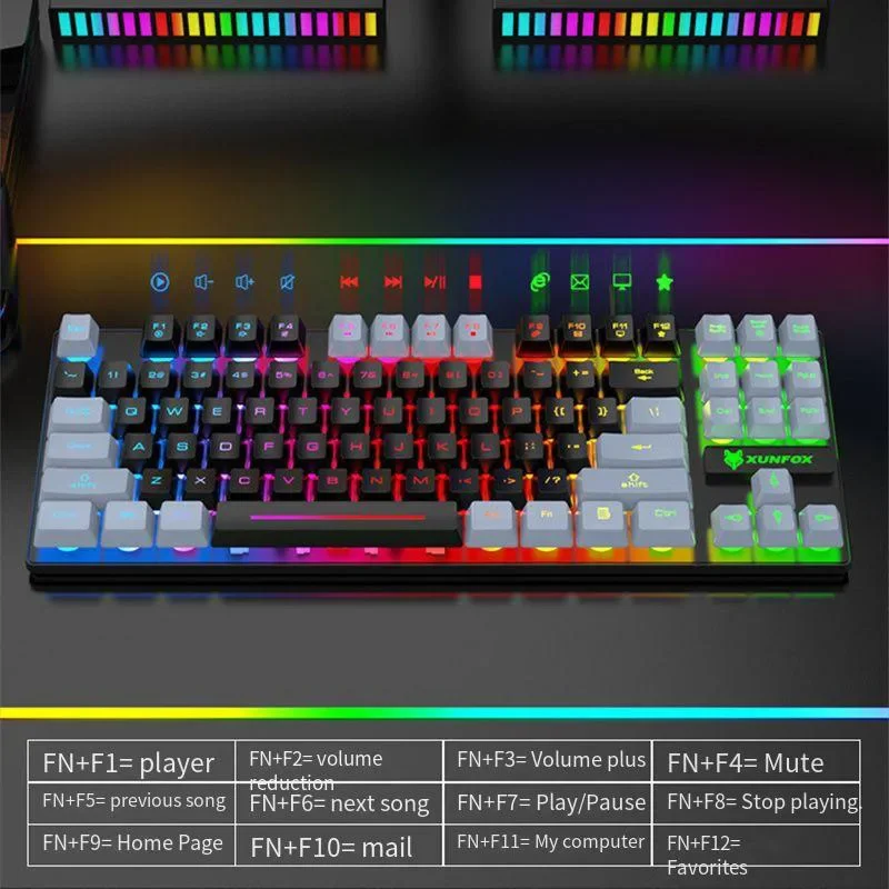 K10 87 Keys LED Luminous Keyboard Esports Game Mechanical Touch USB Wired Rainbow Backlight Dual Color PC Accessories