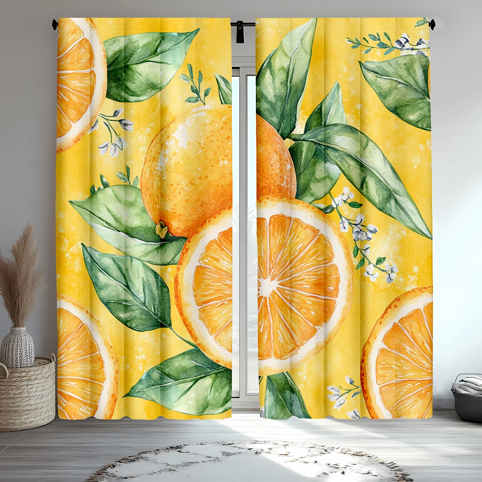 2pc Juicy fruit pattern curtains, polyester fabric, machine washable, suitable for bedroom and living room decoration