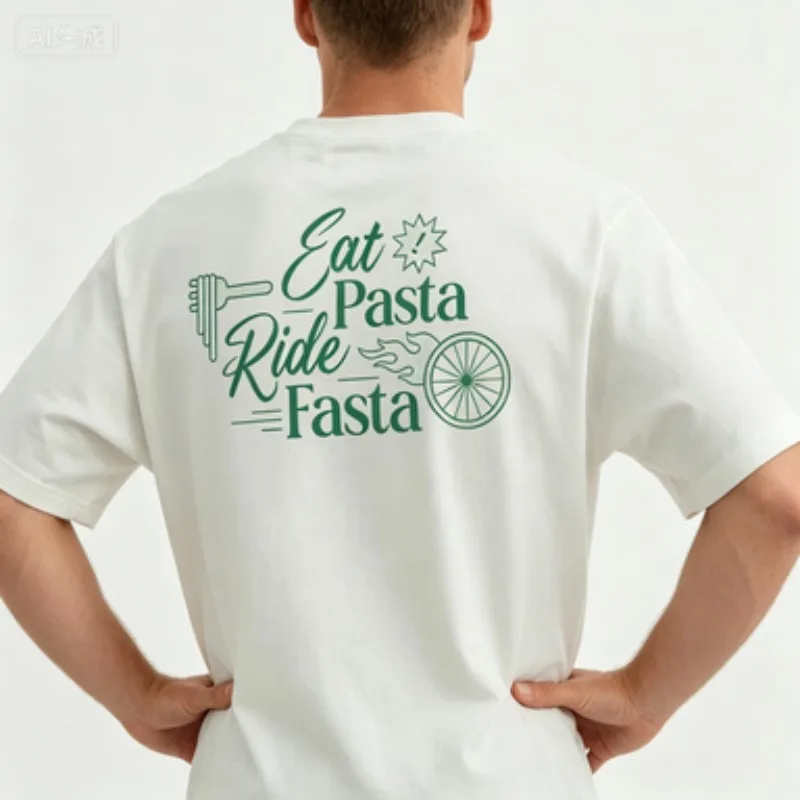 Casual Men Cotton Cycling Tee Eat Pasta Ride Fasta Letter & Bicycle Wheel Print Short Sleeve Tshirt