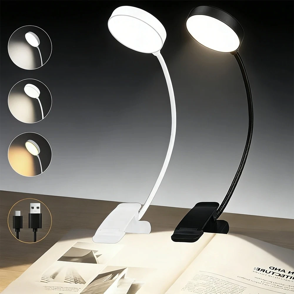 LED Rechargeable Book Light for Reading in Bed with 5 Brightness Levels, Flexible Goose Neck Clip on Light for Book Lover