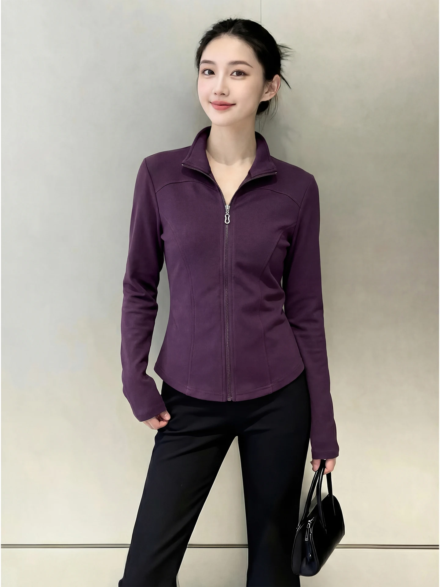 

Spring 2026 plus Size Slim Fit Zipper Long Sve Stand Collar ort T-irt Deep Purple Open Cardigan Sle Women's Inner Wear
