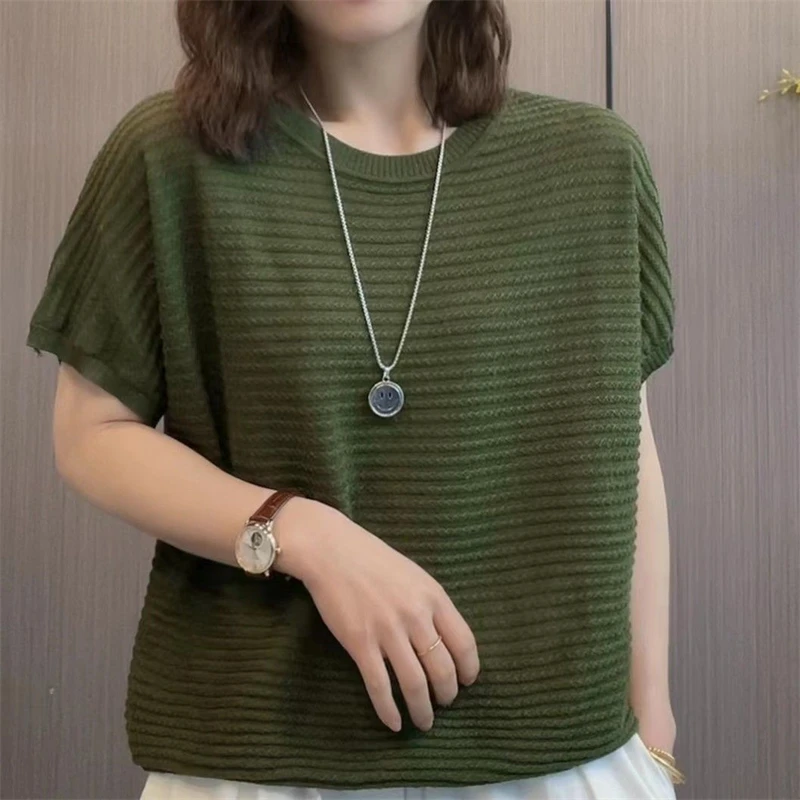 Women Clothing Summer Simple Casual Short Sleeve Thin Knitwear Ladies Elegant Solid Round Neck Loose Basic Pullover Tops Jumpers