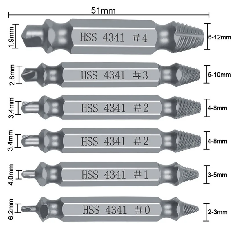 6pcs Material Damaged Screw Extractor Drill Bits Guide Set Broken Speed Out Easy out Bolt Stud Stripped Screw Remover Tools