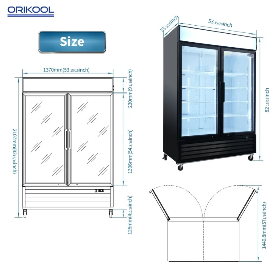 ORIKOOL กระจกประตูสินค้าตู้แช่แข็ง 44.7 Cu.ft Swing ประตู Commercial ReachIn จอแสดงผลตู้แช่แข็ง LED แผงด้านบนตรง Fr