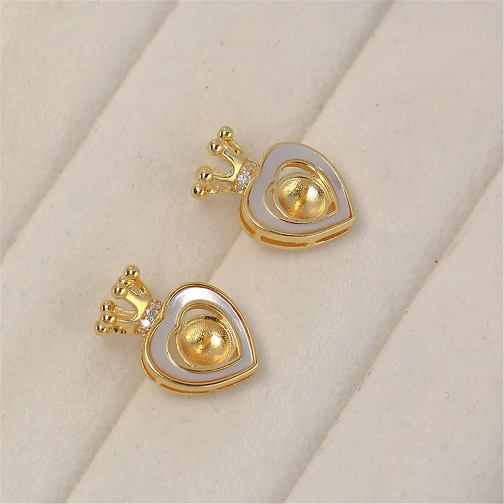 Domestic 14k Gold Injection Color Preserving Love Crown Micro Inlaid Zircon Pearl Earrings S925 Silver Needle DIY Accessories