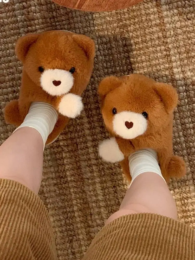 

Winter Home Slippers Women's Warm Hugging Bear Cotton Slippers Cute Man Student Indoor Household Anti Slip Furry Warm Shoes