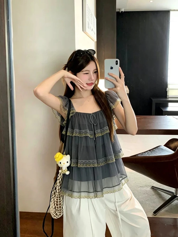 

Korean Style Loose Fit Lace Patchwork Bow Tie Square Collar Flying Sleeve Shirt Women's Top Summer 2026 Fashion Elegant