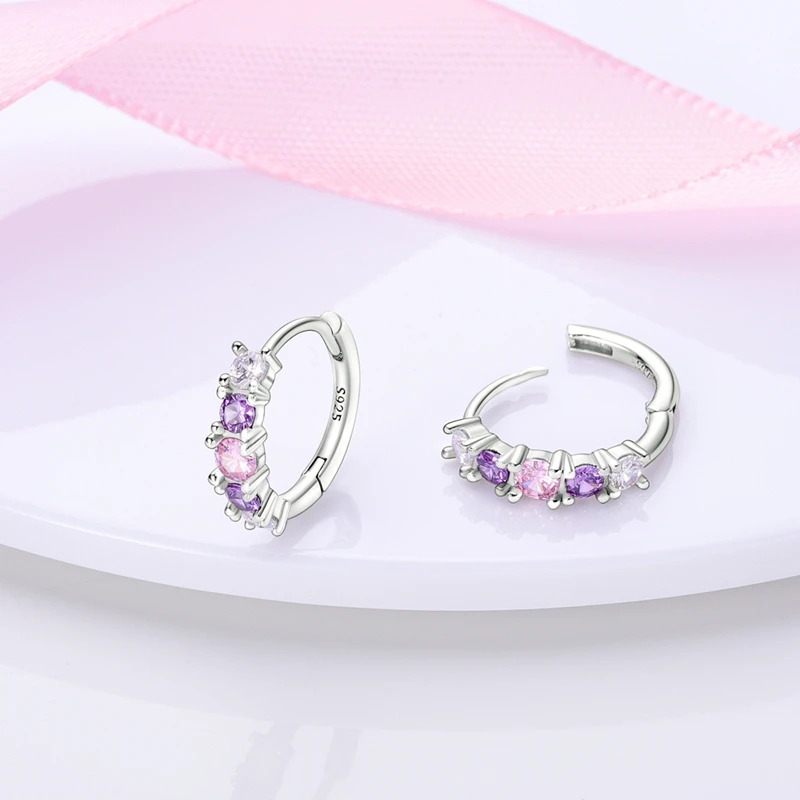 925 Sterling Silver Earrings Women Pink and Purple Zirconium Gradien Hoop Earring For Anniversary Wedding Jewelry Gifts view 2