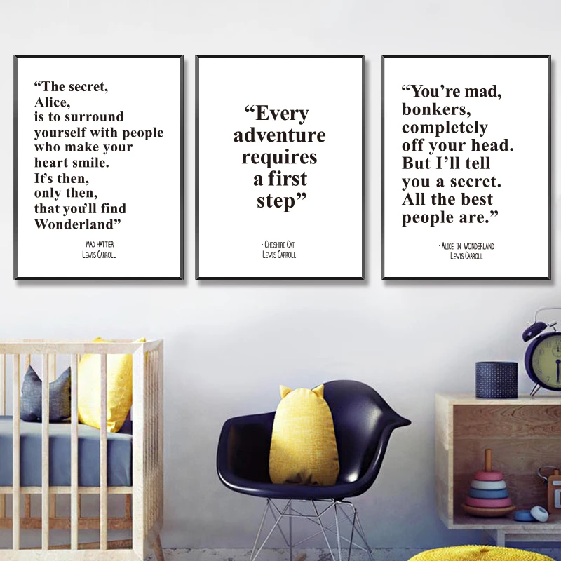Citas de libro de Alicia en el país de las Maravillas, imprime tu loco, Lewis Carroll, póster minimalista blanco y negro, pintura en lienzo, decoración de pared de la habitación del hogar