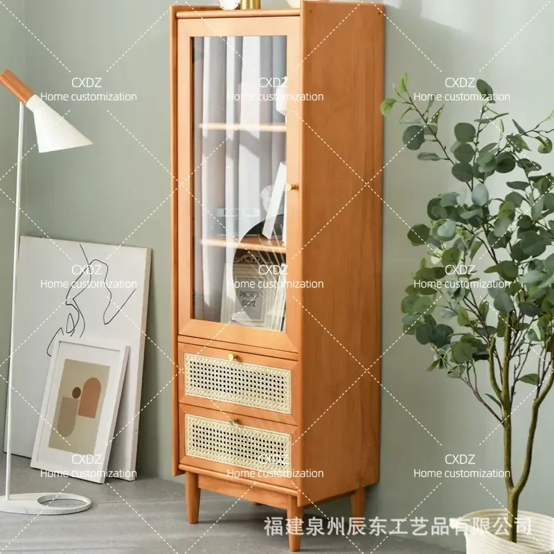 Nordic Rattan Bookcase with Glass Door Simple Living Room Side Cabinet Multi-functional Storage Chest High Multi-layer Shelf