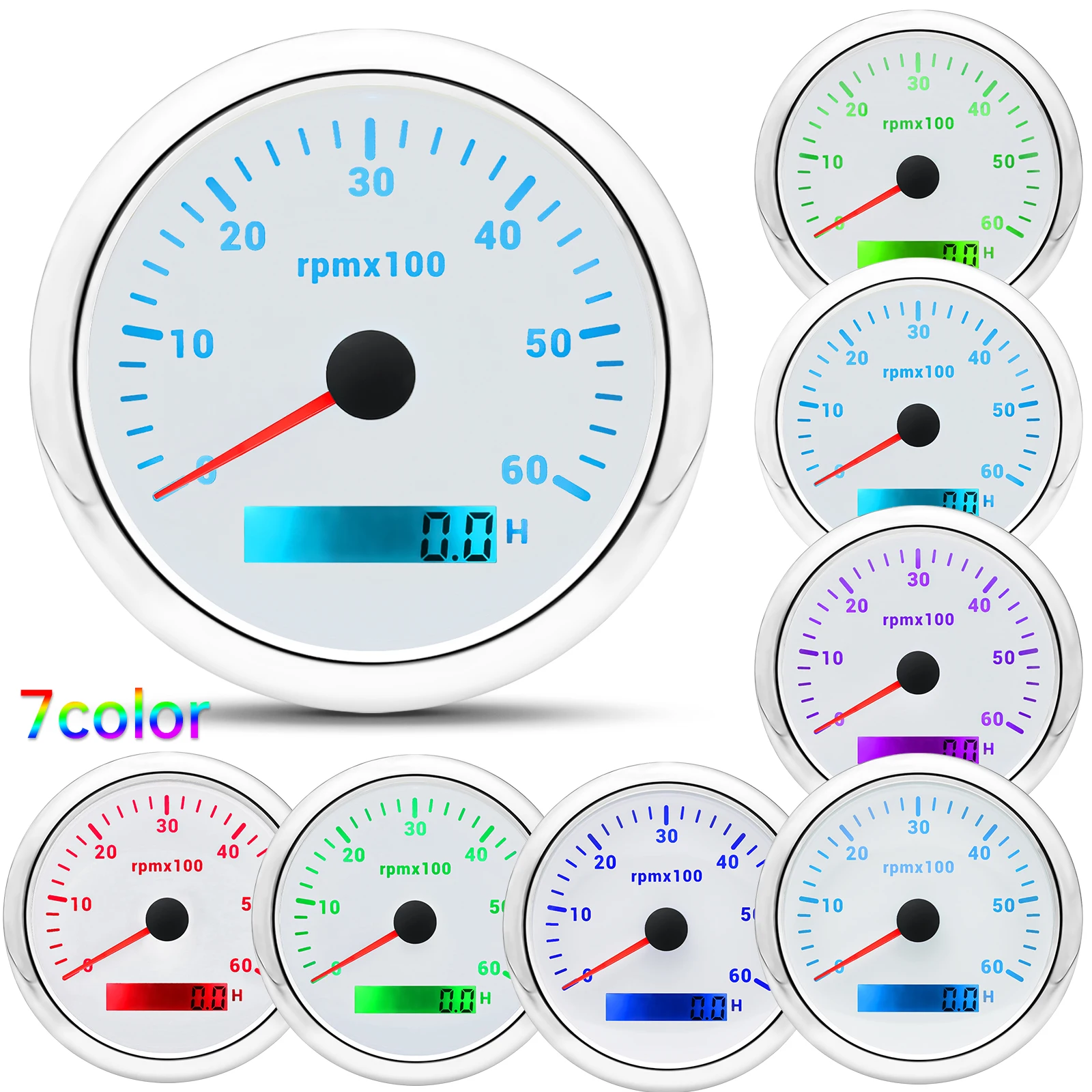 Auto Car 5 Gauge Panel Set with Alarm 7 Color LED Tachometer Water Temp Gauge Fuel Level Gauge Oil Pressure Meter Voltage 24V