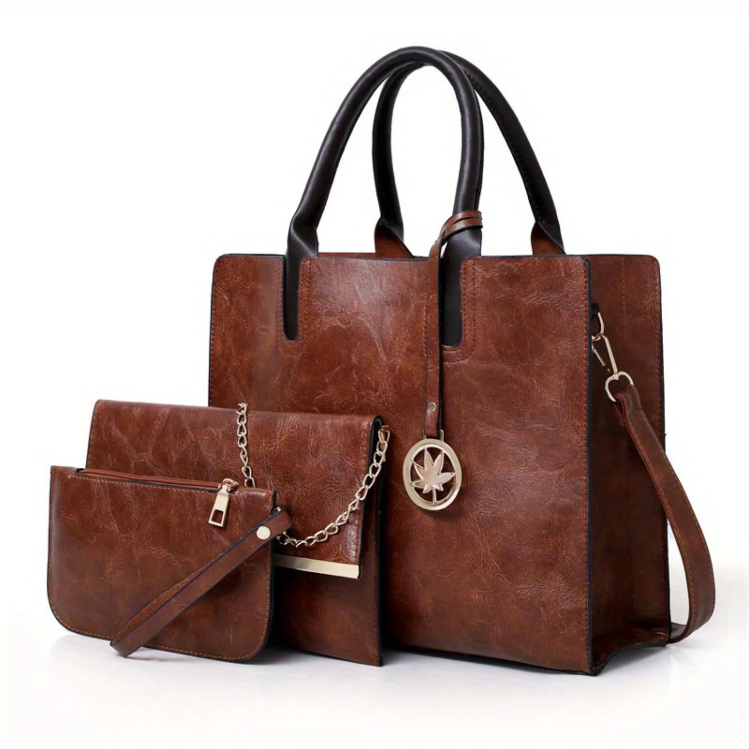 Chic Women's Bag Set - Stylish Handbag with Pendant Accent, Shoulder Square Bag & Zip Clutch