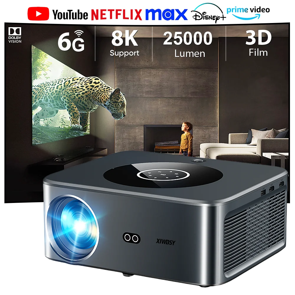 XIWBSY 25000Lumens Android 4K Projector Wifi6 Full HD Wireless Projector Auto Keystone Dolby Video Home Theater Proyector Beamer