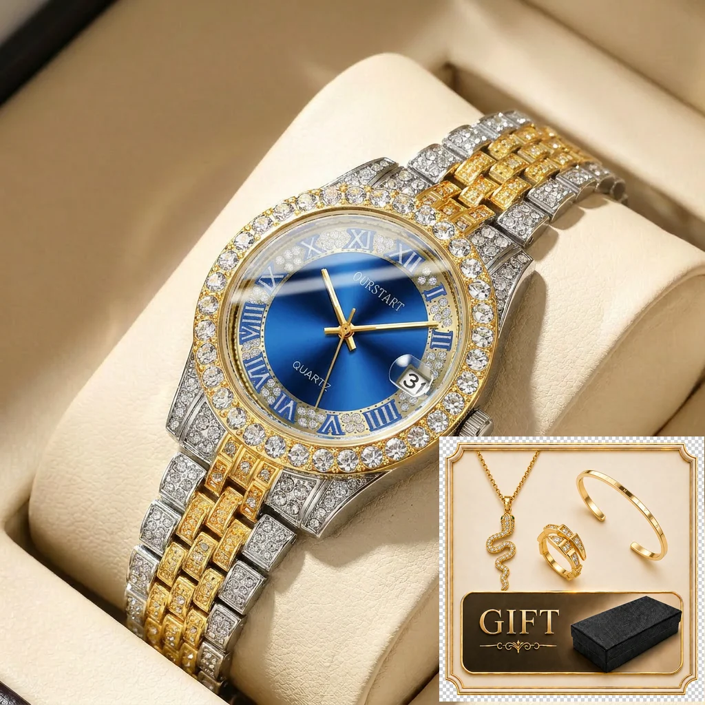 

4pcs gift box set Women's blue dial alloy strap fashion jewelry details Quartz Watch Gift Box Set for party holiday