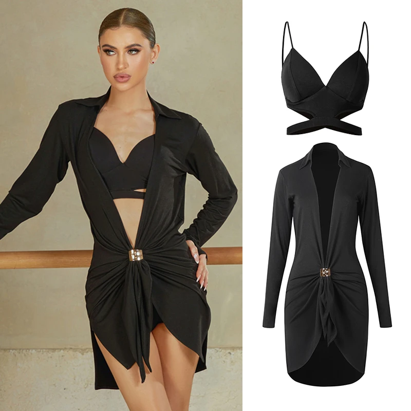 

ZYM Черное платье-рубашка для латинских танцев с длинными рукавами Rumba Cha Cha Dance Performance Practice Dress Платье с глубоким V-образным вырезом Пальто DNV23934