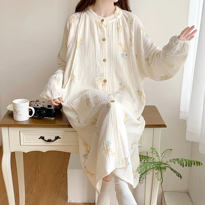 100% Cotton Double Gauze Nursing Night Dress for Maternity Long Sleeve Floral Printed Sleepwear for Pregnant Women Home Hospital