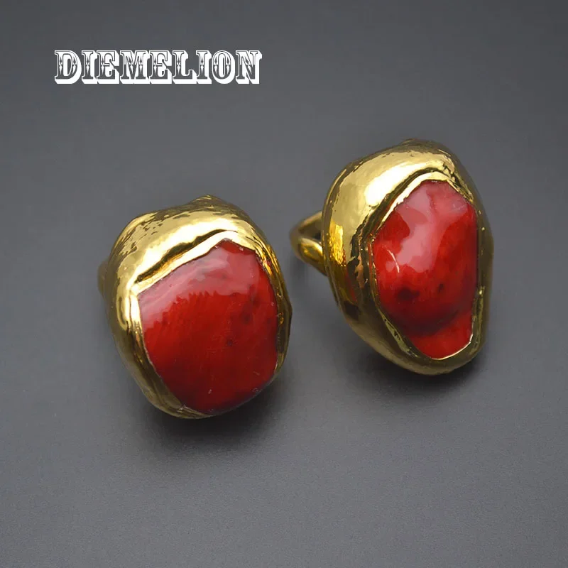 24K Gold Plated Bige Size Natural Irregular Red Coral Rings for Men Woman Open Adjustable Large Ring Luxury Fine Jewelry