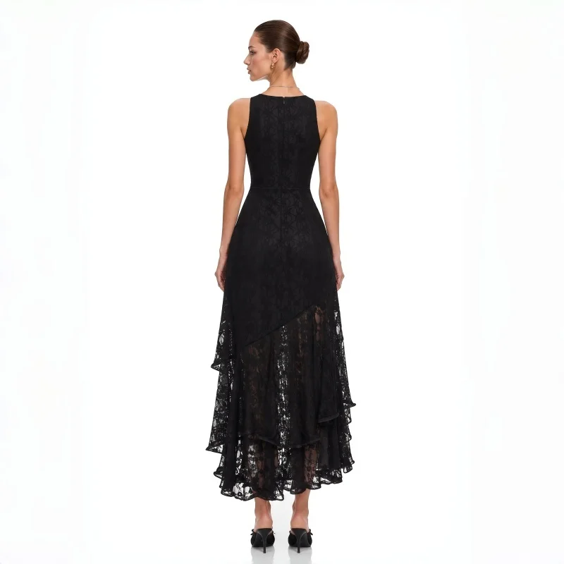 Elegant Women Sleeveless Halter Black Lace Evening Gown Asymmetrical Multi Layer Ruffle Hem Midi Dress Wedding Guest Birthday