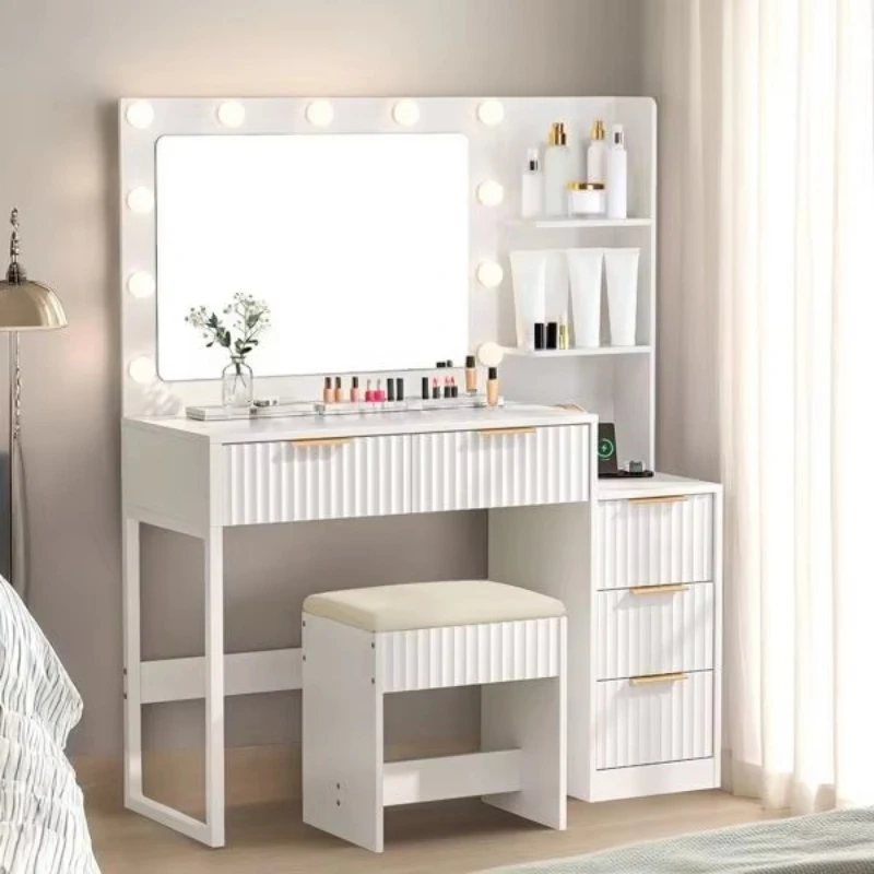 Five-drawer two-layer dresser set, white chipboard dresser