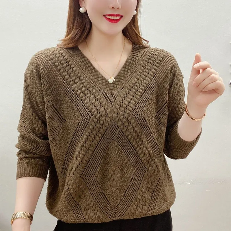 Women\'s Clothing Vintage V-Neck Jumpers Spring Summer Commute Chic Hollow Out Spliced Casual Loose 3/4 Sleeve Knitted Sweaters