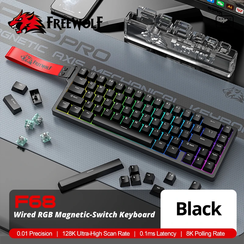 

Проводная RGB-клавиатура FreeWolf F68 с магнитными переключателями, точность 0.01, с белыми или черными контурными линиями
