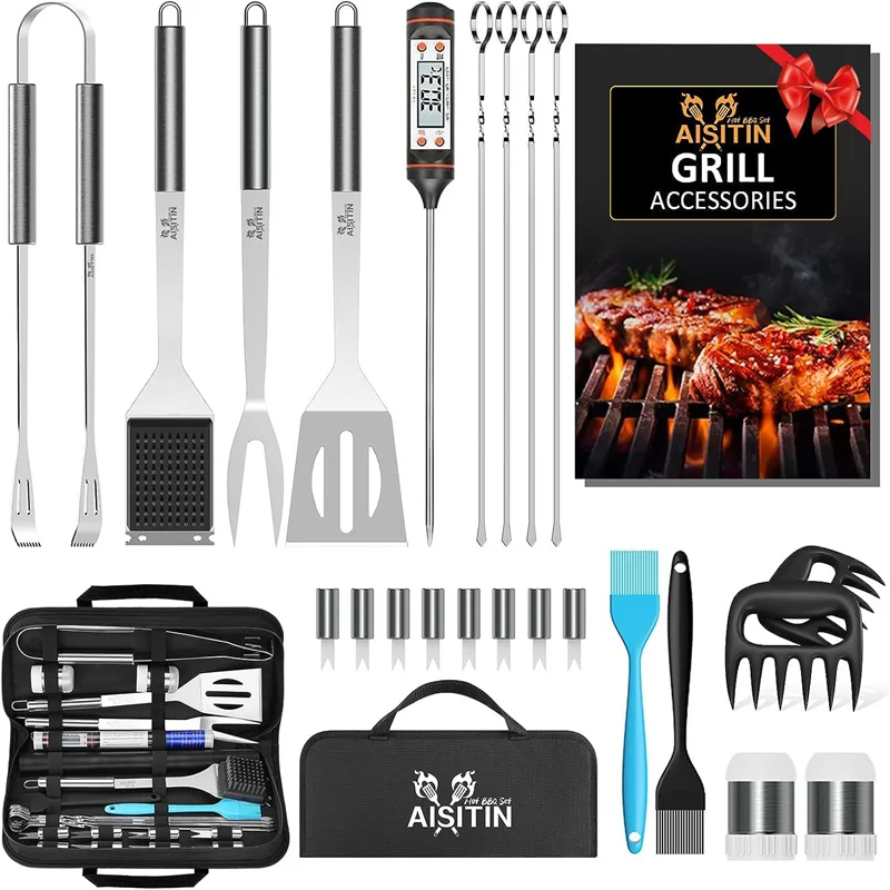 Grill Accessories 25PCS BBQ Tools Set Stainless Steel Grilling Kit with Thermometer, Fork, Tongs and Spatula,Grill Mat- Gifts