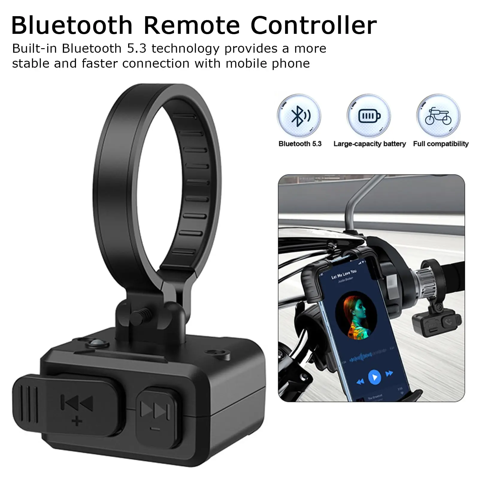 

Bluetooth 5,3 медиаконтроллер на руль мотоцикла, беспроводной пульт дистанционного управления с водонепроницаемым, совместимым с мотоциклами и велосипедами