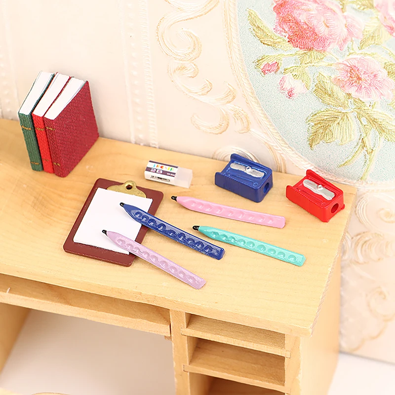 1/12 Dollhouse Simulation Pencil Eraser Sharpener Set Dollhouse Mini Study Stationery Decoration Dolls House Accessories Toys