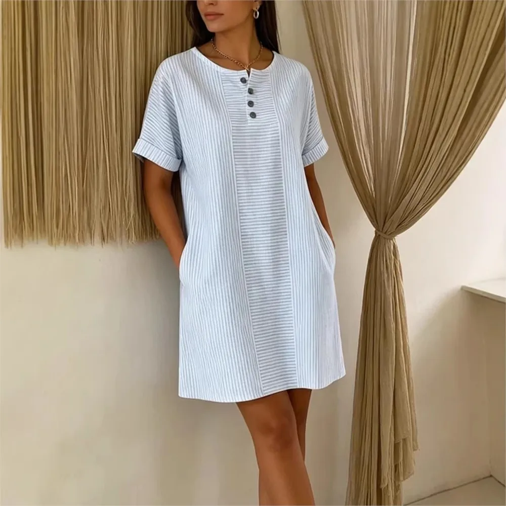 

Women's Casual Dresses Loose Vestidos For Woman Dress Ladies Simple Style Homewear Daily Striped Buttons Short Sleeves Contrast
