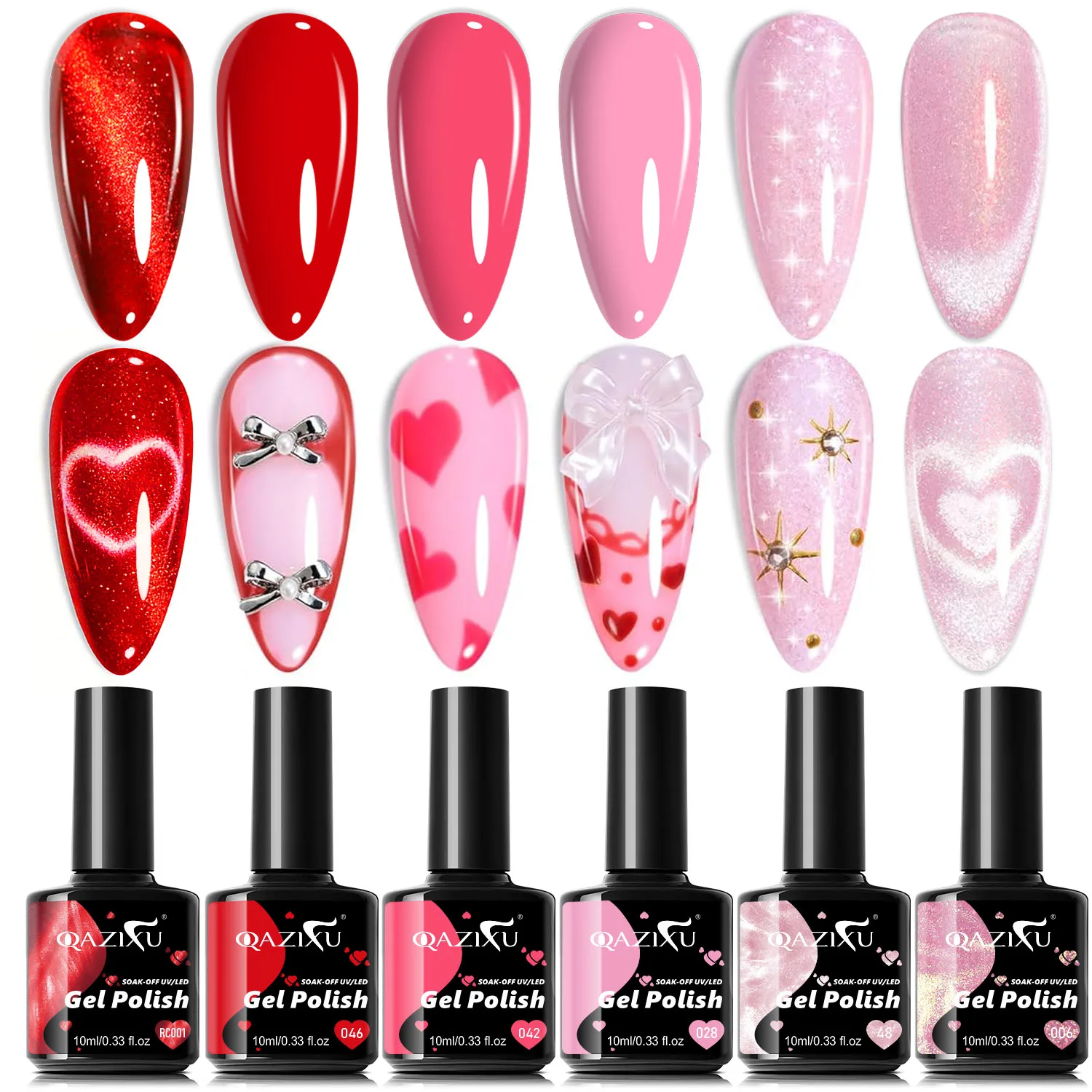 1/6Pcs Pink Red Cat Eye Gel Nail Polish Set Soak Off Pink Gl
