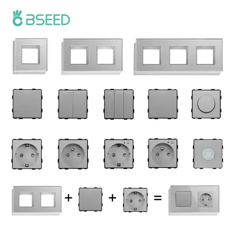 BSEED 1/2/3Gang 기계식 버튼 스위치 전등 스위치 기능 부품 크리스탈 유리 프레임 EU 벽 소켓 DIY 부품 무료 조합
