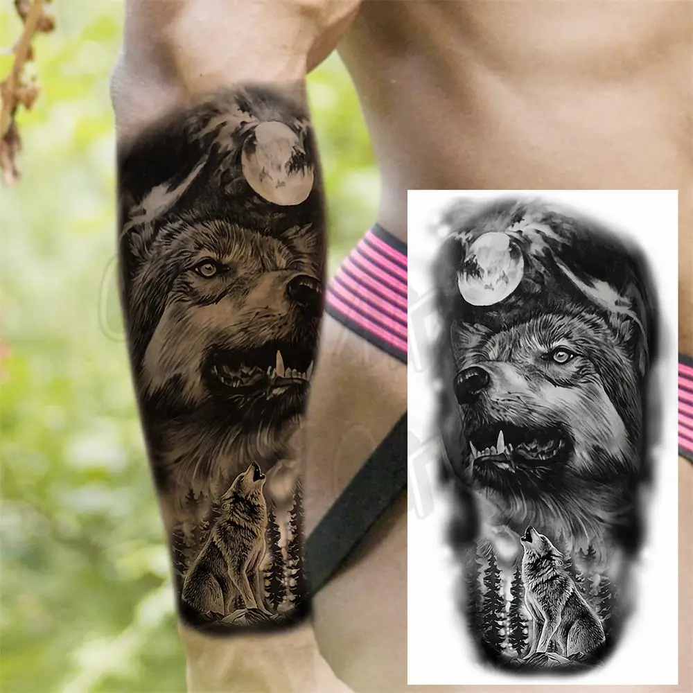 Black Wolf Forest Temporary Tattoos For Men Women Realistic Lion Samurai Skull Vampire Fake Tattoo Sticker Forearm Tatoos Custom