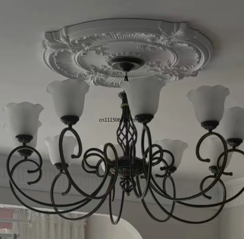 For European Round Plaster Ceiling Medallion French Style PU Lamp Base Ceiling Decor Molding for Living Room Chandelier