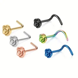 1pc Woman Elegant Rose Flower Nose Stud Nail Ring Earrings Cartilage Body Piercing Jewelry Stainless Steel Bend/L-Shaped Rod