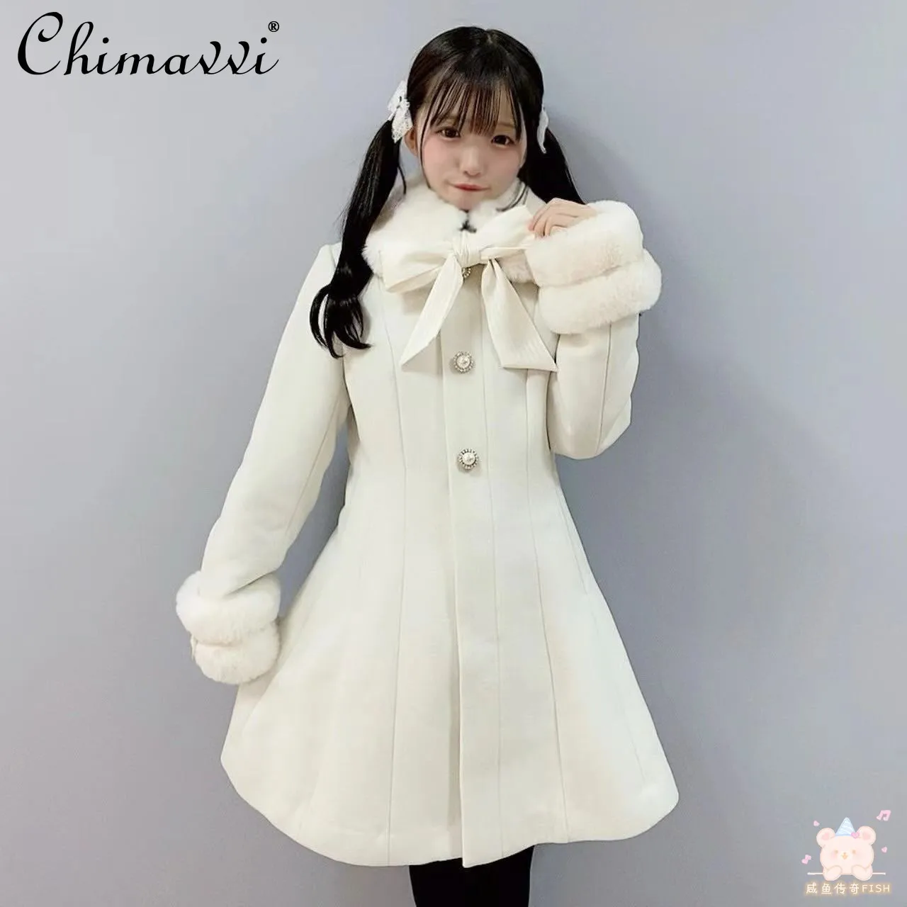 Japanese Sc Autumn and Winter New Sweet Ribbon Removable Fur Collar Slim Long Jackets Cute Girl Mass-produced Lolita Woolen Coat