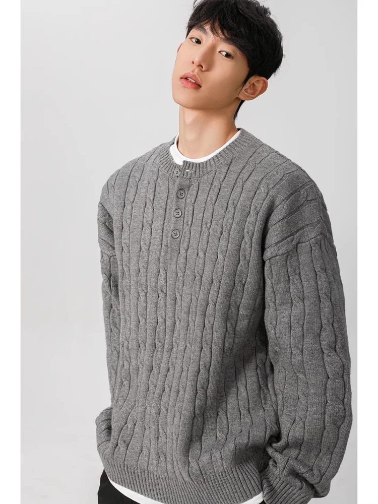 

Deep ey Men's Knitted Sweater Henry Collar Twist Autumn Winter Inner Wear Casual Loose Fit Comfortable Soft Long Sve Top