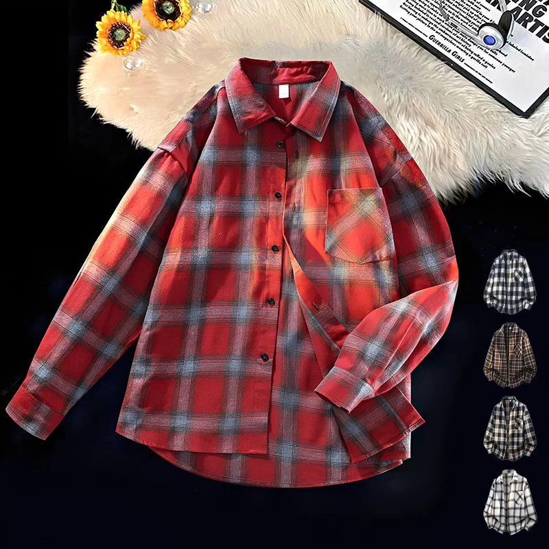Autumn Winter Men's Plaid Shirt Long Sleeve Button Lapel Casual Streetwear Lightly Brushed Tops Male College Brown Plus Size 5XL