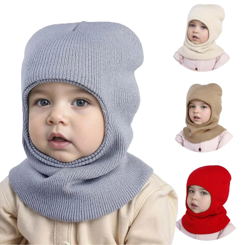 Autumn and winter Kids Hat Cute Knit Warm Beanie Hats for Baby Children's Hat Girl Protect Neck Solid Windproof Infant Snood Cap